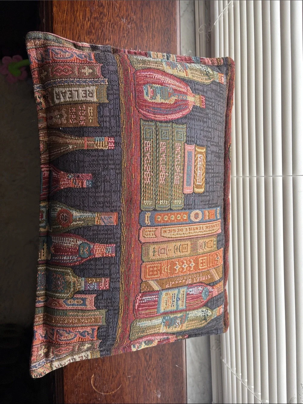 Decorative library Tapestry Pillow with Book & Bottle Motif - Multicolor